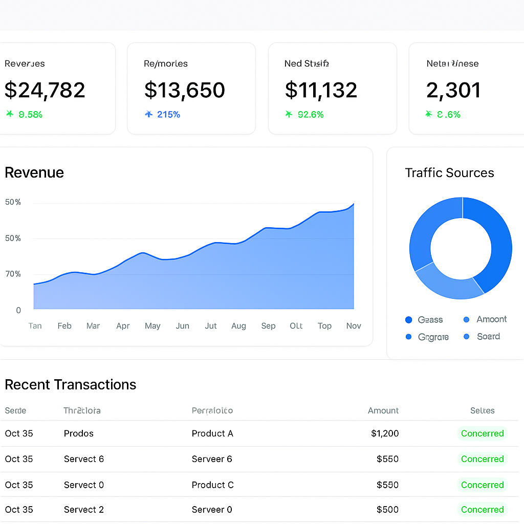 Pulse analytics dashboard showing revenue charts, KPI cards, and a transactions table